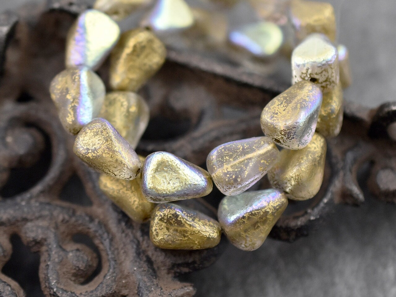 *12* 13x12mm Gold Washed Etched Crystal AB Vintage Style Drop Beads